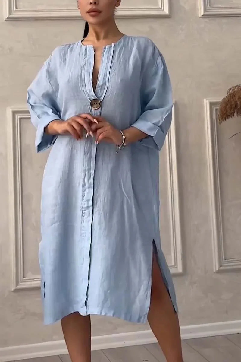Elegant O-neck Long-sleeved Button Dress For Women's Summer Cotton And Linen Solid Color Loose Casual Simple Shirts Dress Female