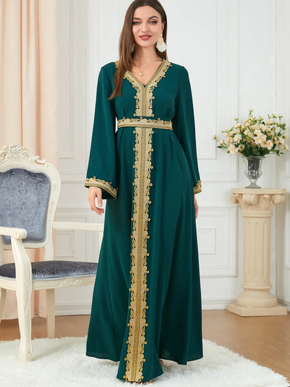 Muslim Women's Clothing Pure Color Splicing Basic Loose Embroidered Long Skirt Long Sleeve Dress