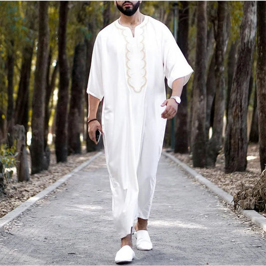 Kaftan Summer Middle Eastern Men's Arab Robe Loose V-neck Short Sleeved Printed Men's Muslim Clothing Islamic Clothing Kaftan