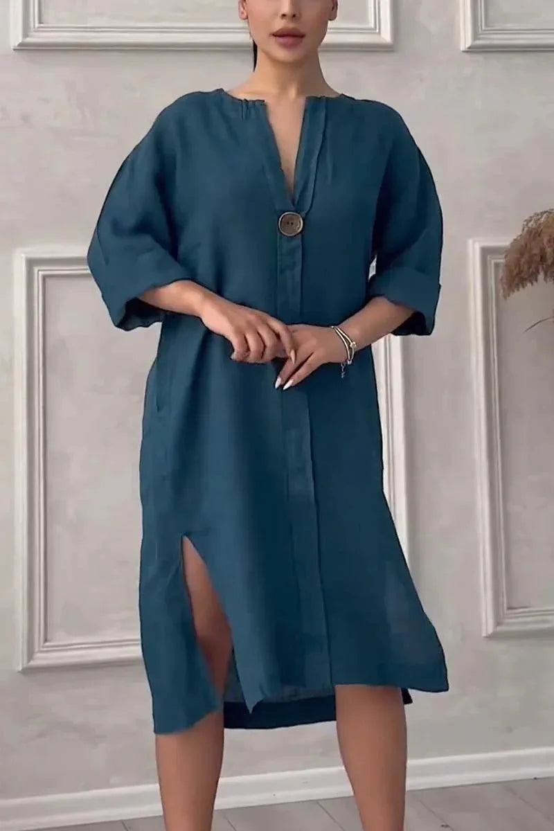 2024 Summer Fashion New Elegant Women's Cotton and Hemp Casual Long Sleeved V-neck Mid Length Commuter Style Solid Color Dress