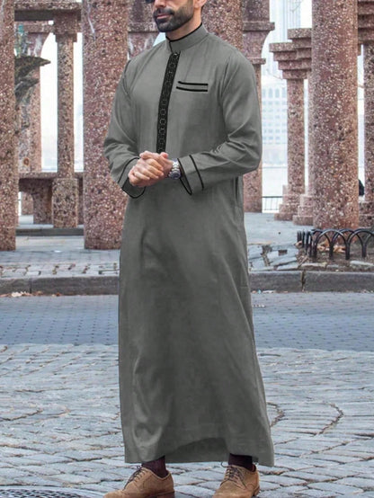 2025Islamic muslim Arabic men's robe long sleeve embroidered stand collar arabian thobe for men