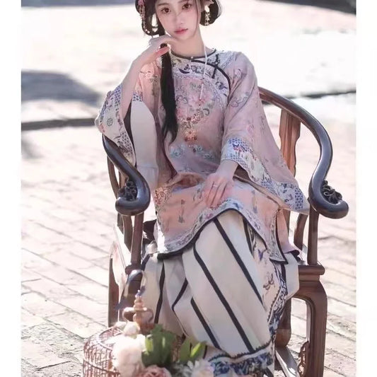 Late Qing Dynasty Ethnic Clothing Heavy Industry Printing Han Women's Hanfu Horse Face Skirt Girls Classic Summer Thin