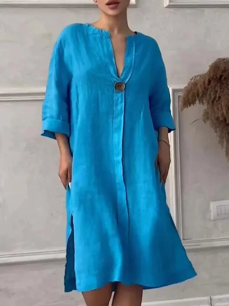 2024 Summer Fashion New Elegant Women's Cotton and Hemp Casual Long Sleeved V-neck Mid Length Commuter Style Solid Color Dress