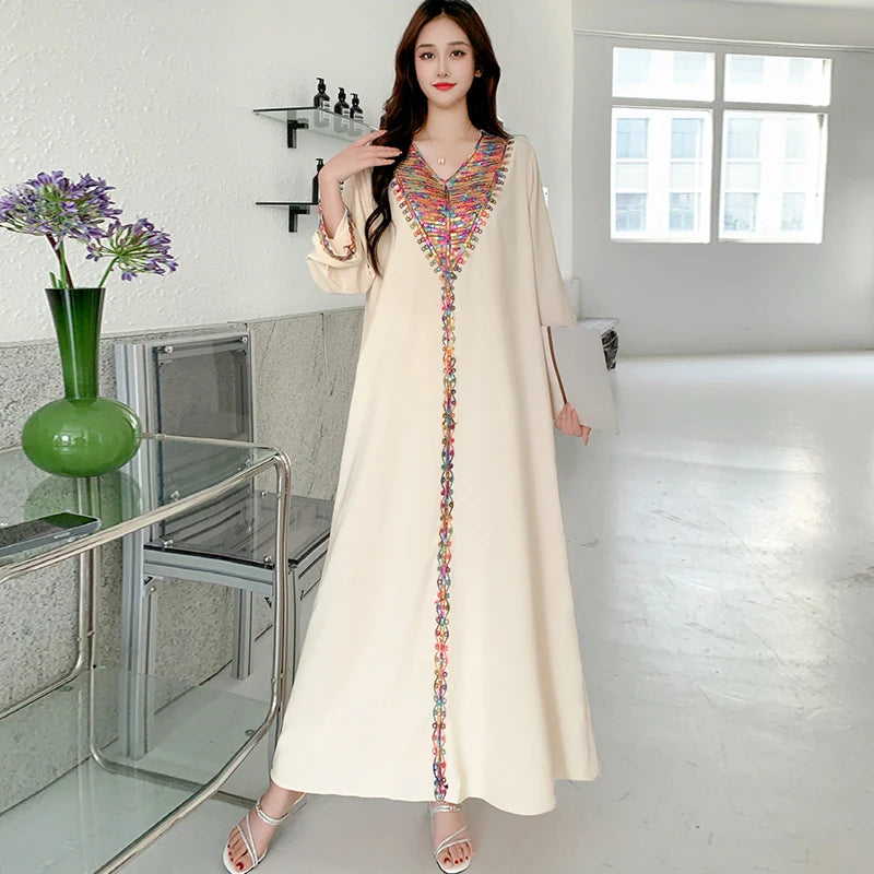 New Muslim Abayas For Women Long Sleeved Dress Dubai Lady Elegant Long Dress Islam Clothing African Abaya Loose Robe With Turban