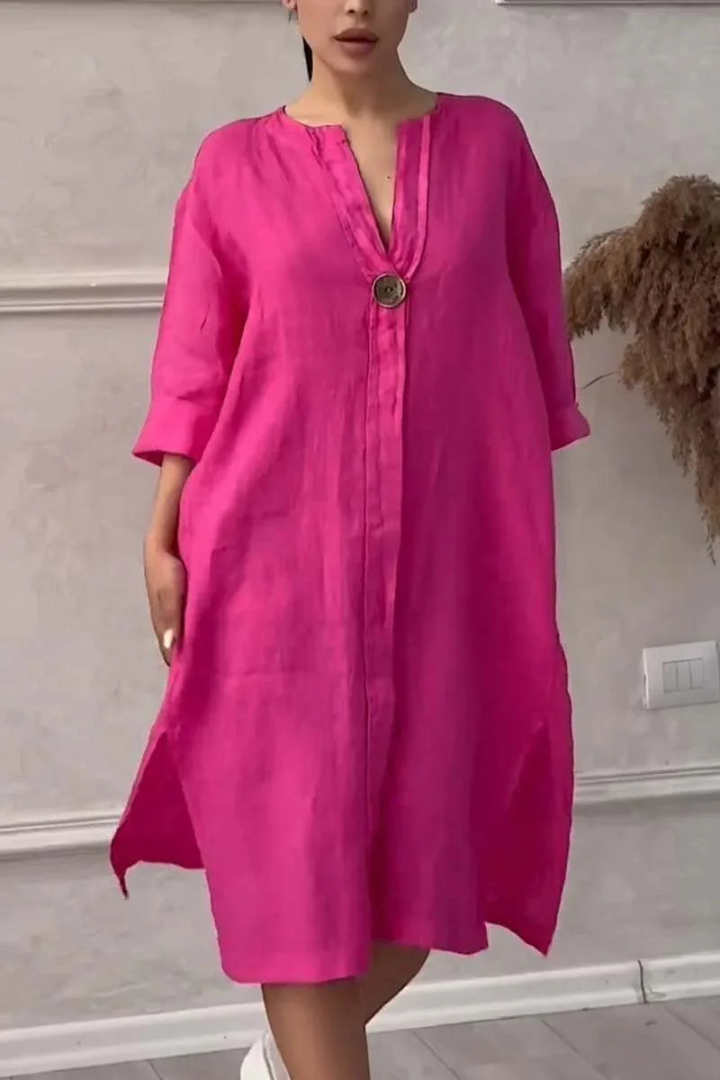 Elegant O-neck Long-sleeved Button Dress For Women Summer Cotton And Linen Solid Color Loose Casual Slit Simple Dress Female