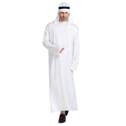 2025 New Adult Men Arabian Arab Sheikh Costume Middle East Clothes Sultan White Robe Red Headband Purim Halloween Fancy Dress