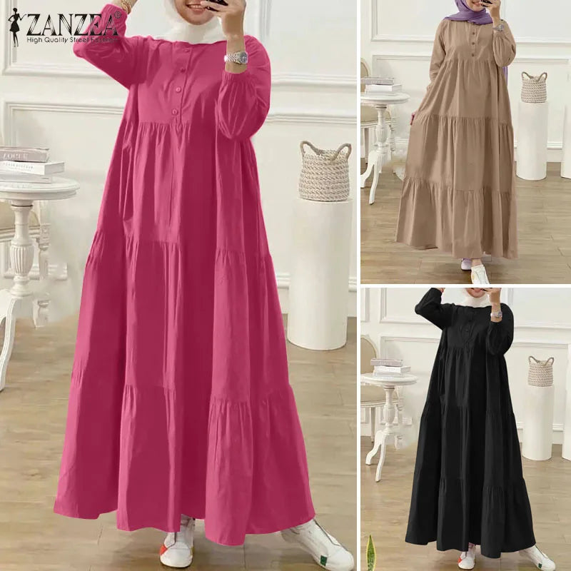 ZANZEA Fashion Women Long Sleeve Solid Ruffles Sundress Islamic Clothing Autumn Muslim Abaya Long Dress Robe Femme Eid Mubarek