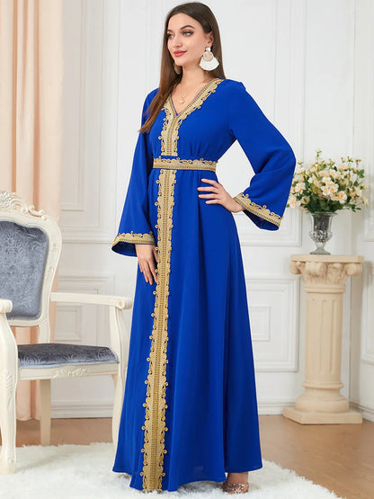 Muslim Women's Clothing Pure Color Splicing Basic Loose Embroidered Long Skirt Long Sleeve Dress
