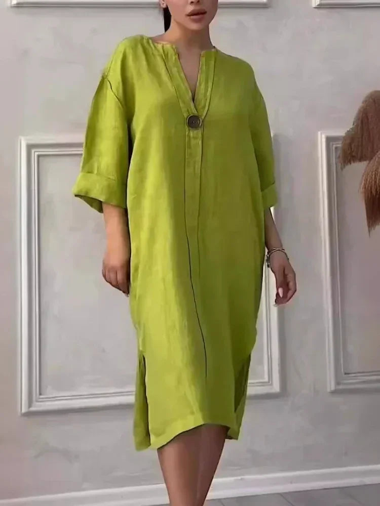 2024 Summer Fashion New Elegant Women's Cotton and Hemp Casual Long Sleeved V-neck Mid Length Commuter Style Solid Color Dress