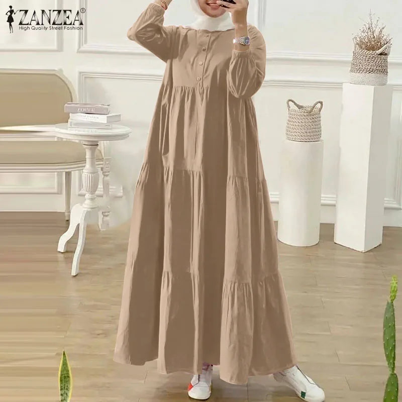 ZANZEA Fashion Women Long Sleeve Solid Ruffles Sundress Islamic Clothing Autumn Muslim Abaya Long Dress Robe Femme Eid Mubarek