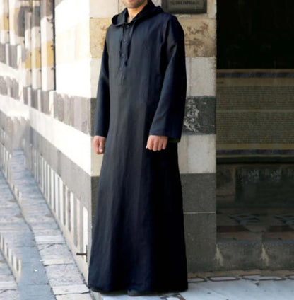 Men's Muslim Robes Saudi Arabia Juba Islamic Kafatan Casual Loose Robe Shirt Solid Color Long Sleeve Hooded Button Pocket Robe