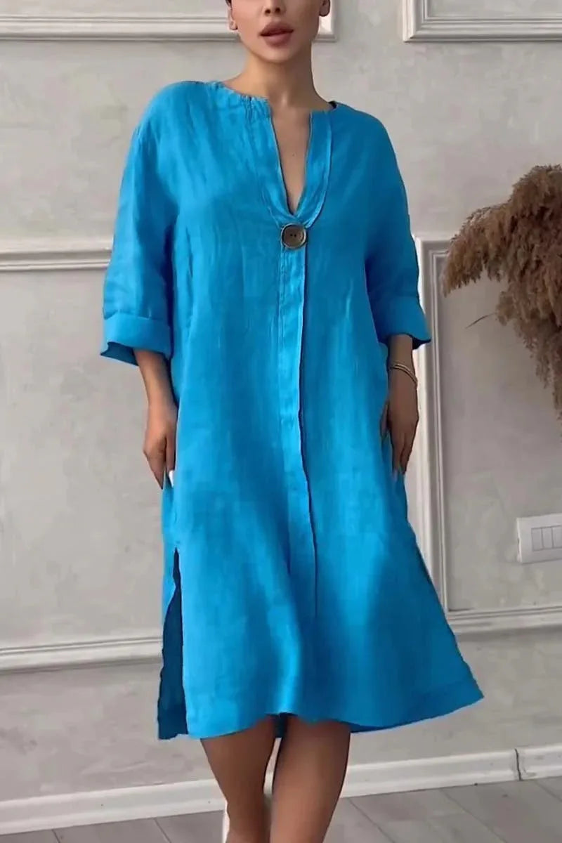 Elegant O-neck Long-sleeved Button Dress For Women Summer Cotton And Linen Solid Color Loose Casual Slit Simple Dress Female