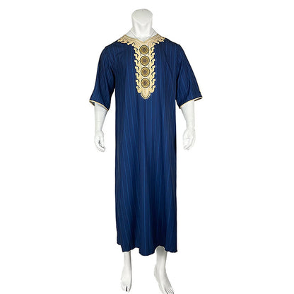 Muslim Men'S Clothing Hand-Embroidered Loose Breathable Summer Fashion Loose Robe Dubai Luxury V-Neck Short Sleeve Printing
