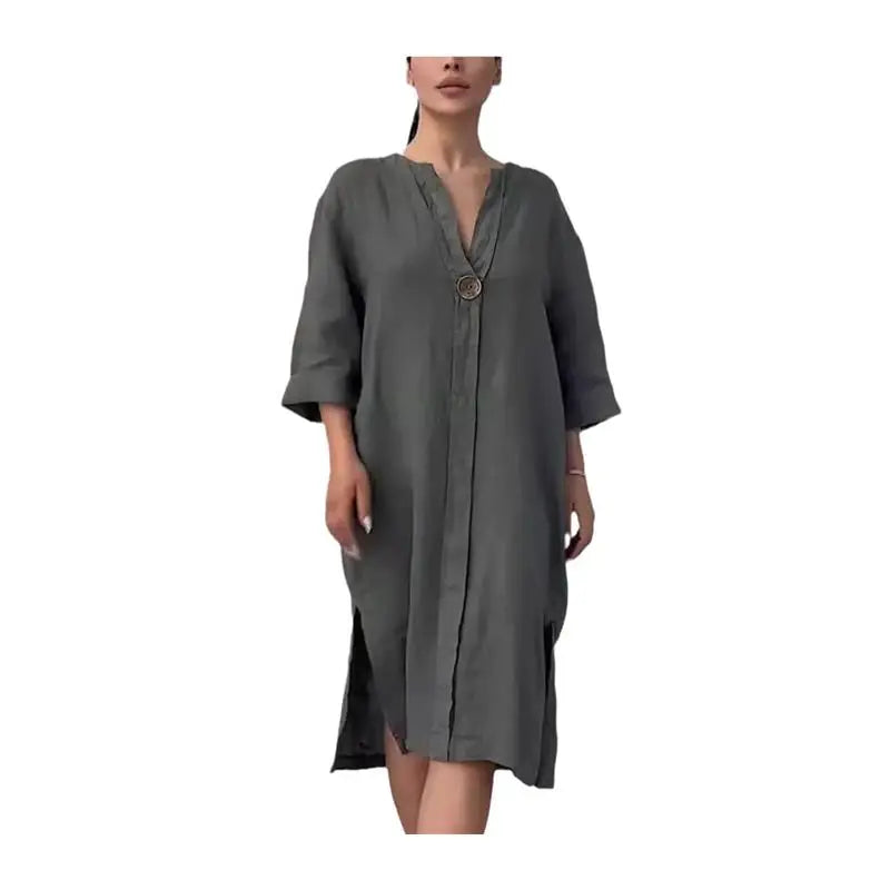 Women's Casual Button-Up Linen irt Long Ne round Color Blo  Pet Clothing Accories