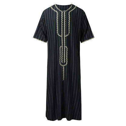 Kaftan Summer Middle Eastern Men's Arab Robe Loose V-neck Short Sleeved Printed Men's Muslim Clothing Islamic Clothing Kaftan