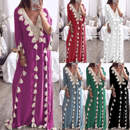 Womens Arabic Islamic Dubai Kaftan Half Sleeve Sexy Deep V-Neck Muslim Maxi Long Robe Dress Tassels Trim Turkey Casual Loose Up