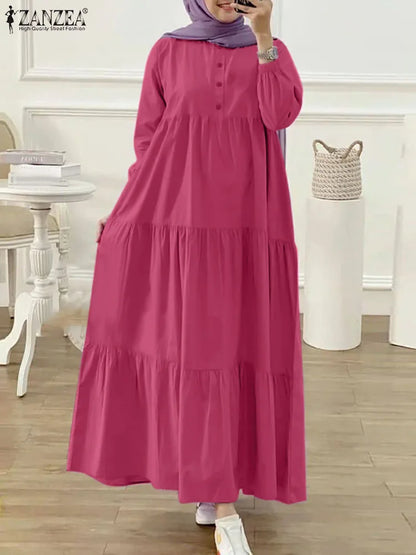 ZANZEA Fashion Women Long Sleeve Solid Ruffles Sundress Islamic Clothing Autumn Muslim Abaya Long Dress Robe Femme Eid Mubarek