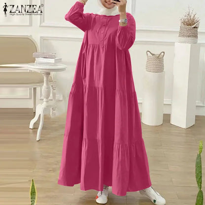 ZANZEA Fashion Women Long Sleeve Solid Ruffles Sundress Islamic Clothing Autumn Muslim Abaya Long Dress Robe Femme Eid Mubarek