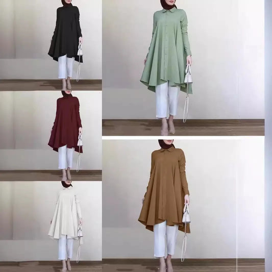 Muslim Women's Clothing Solid Color Lapel Coat Button Placket Dovetail Curved Hem Multi-color Long-sleeved Women's Shirt