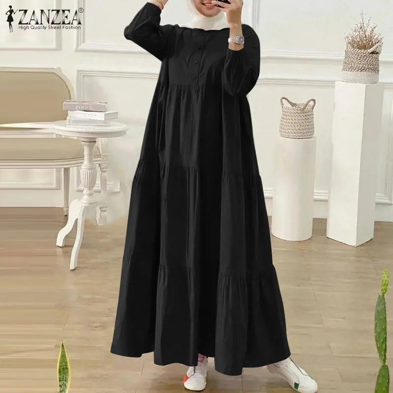 ZANZEA Fashion Women Long Sleeve Solid Ruffles Sundress Islamic Clothing Autumn Muslim Abaya Long Dress Robe Femme Eid Mubarek