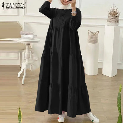 ZANZEA Fashion Women Long Sleeve Solid Ruffles Sundress Islamic Clothing Autumn Muslim Abaya Long Dress Robe Femme Eid Mubarek