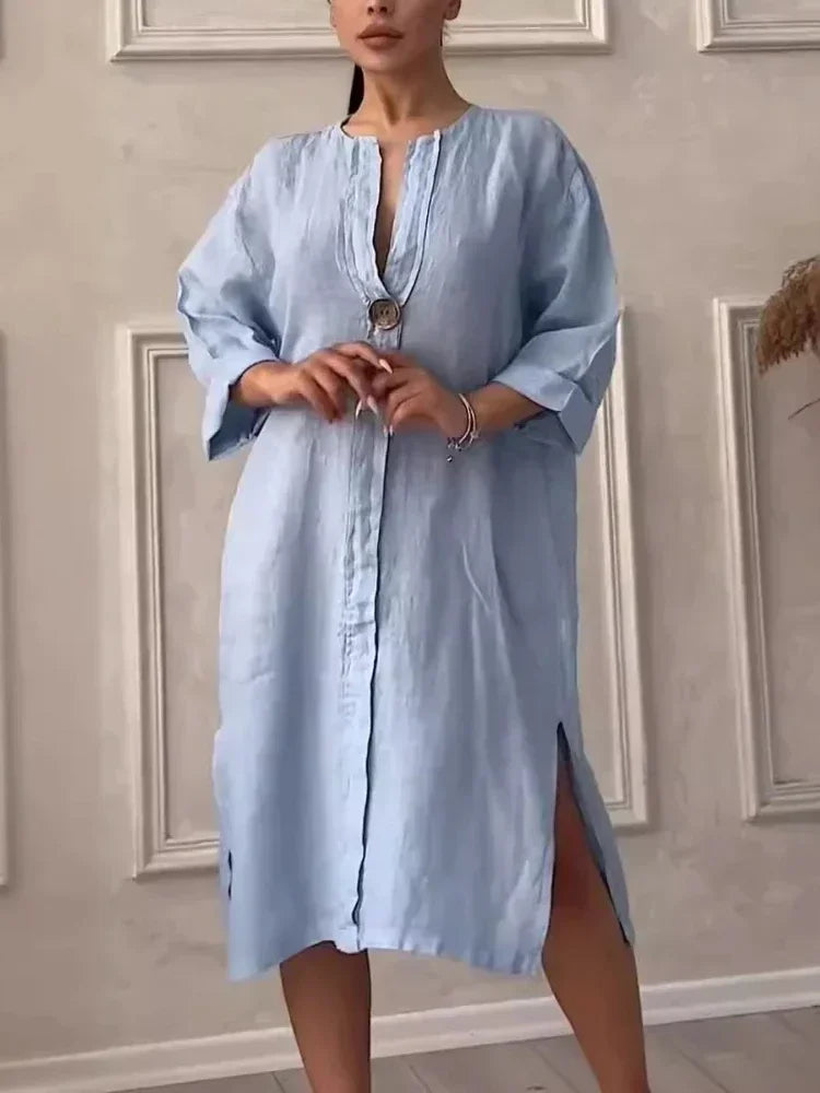 2024 Summer Fashion New Elegant Women's Cotton and Hemp Casual Long Sleeved V-neck Mid Length Commuter Style Solid Color Dress