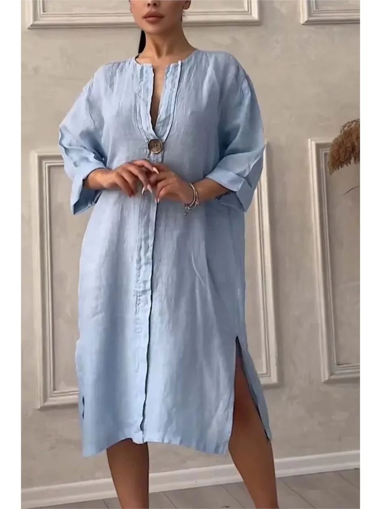 Y2k Long Sleeve Linen Maxi Dress Women Summer2024 Summer Casual Solid Color Party Loose Long Dresses Elegant Vestidos