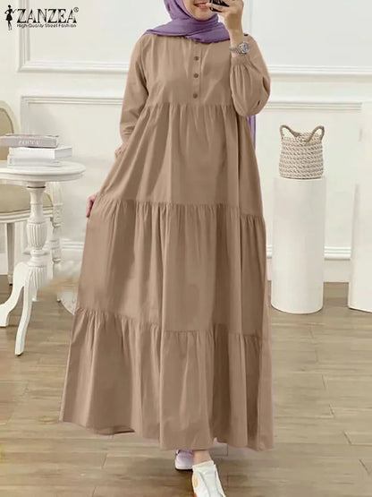 ZANZEA Fashion Women Long Sleeve Solid Ruffles Sundress Islamic Clothing Autumn Muslim Abaya Long Dress Robe Femme Eid Mubarek
