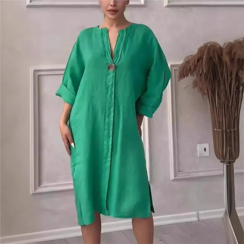 Elegant O-neck Long-sleeved Button Dress For Women's Summer Cotton And Linen Solid Color Loose Casual Simple Shirts Dress Female