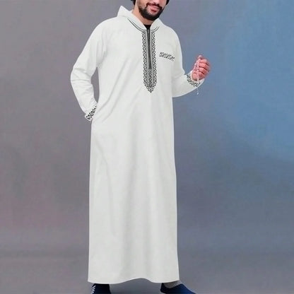 2025Islamic muslim Arabic men's robe long sleeve embroidered stand collar arabian thobe for men