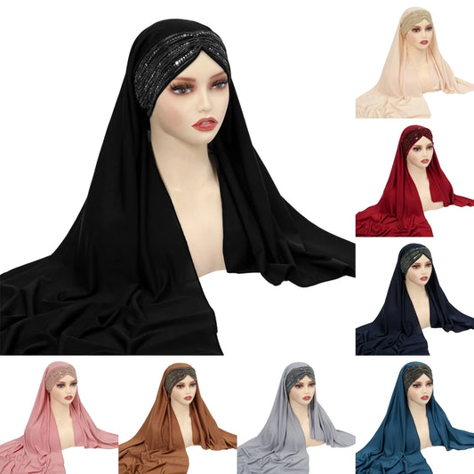 New Muslim Women Khimar Sequin Hijab Cross Forehead Scarf Headwrap Islamic Clothing Headscarf Amira Headband Turbante Mujer