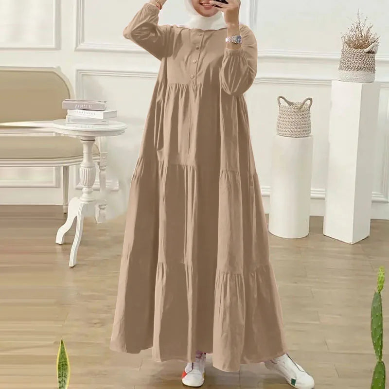 ZANZEA Fashion Women Long Sleeve Solid Ruffles Sundress Islamic Clothing Autumn Muslim Abaya Long Dress Robe Femme Eid Mubarek