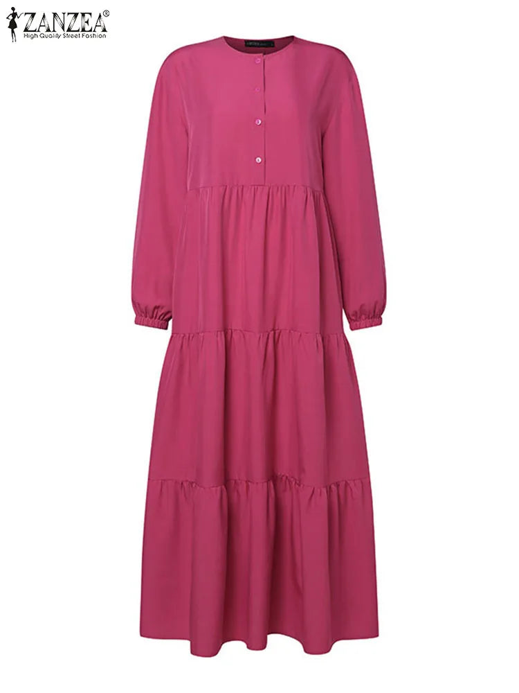 ZANZEA Fashion Women Long Sleeve Solid Ruffles Sundress Islamic Clothing Autumn Muslim Abaya Long Dress Robe Femme Eid Mubarek