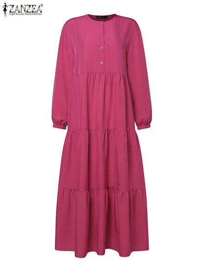 ZANZEA Fashion Women Long Sleeve Solid Ruffles Sundress Islamic Clothing Autumn Muslim Abaya Long Dress Robe Femme Eid Mubarek