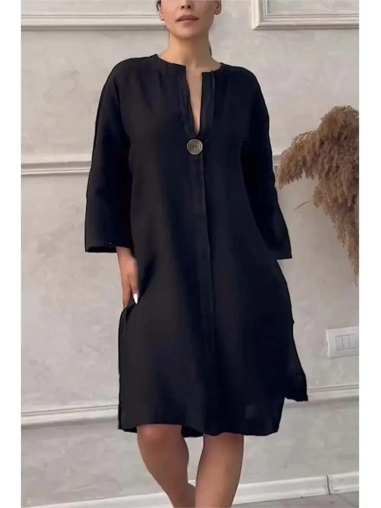 Elegant O-neck Long-sleeved Button Dress For Women Summer Cotton And Linen Solid Color Loose Casual Slit Simple Dress Female