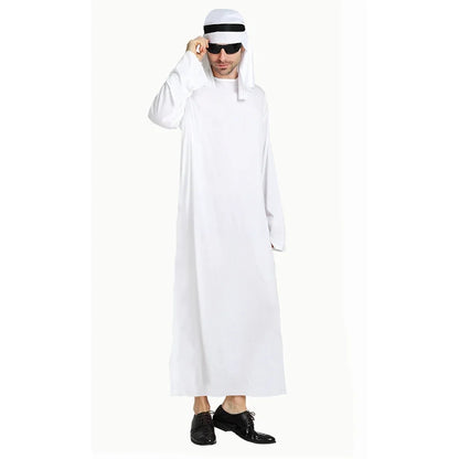 2025 New Adult Men Arabian Arab Sheikh Costume Middle East Clothes Sultan White Robe Red Headband Purim Halloween Fancy Dress