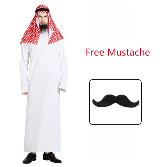 2025 New Adult Men Arabian Arab Sheikh Costume Middle East Clothes Sultan White Robe Red Headband Purim Halloween Fancy Dress