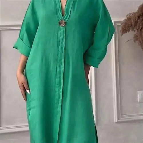 Women's Casual Button-Up Linen irt Long Ne round Color Blo  Pet Clothing Accories