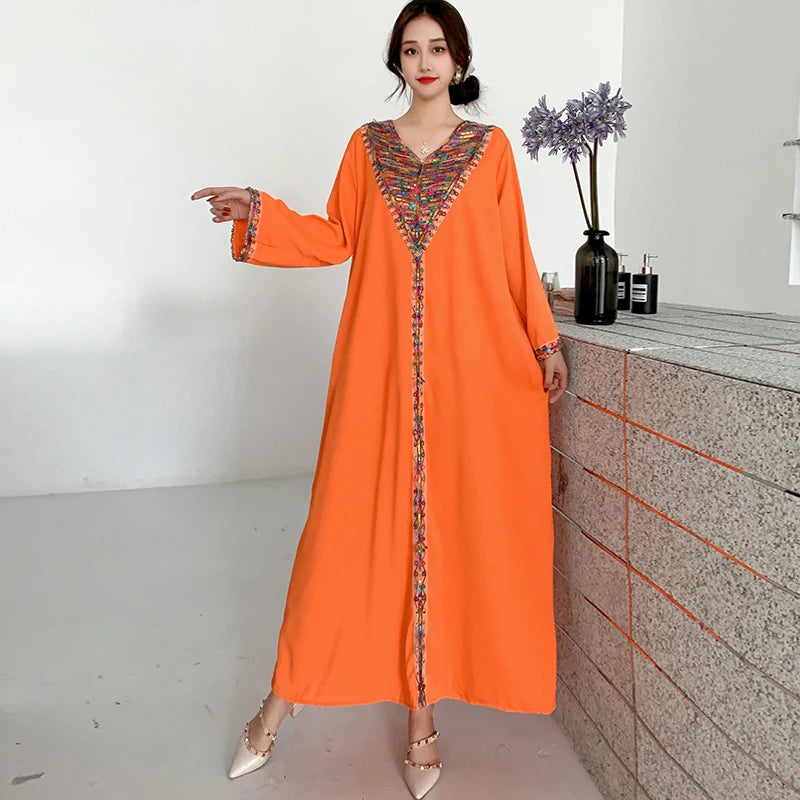 New Muslim Abayas For Women Long Sleeved Dress Dubai Lady Elegant Long Dress Islam Clothing African Abaya Loose Robe With Turban