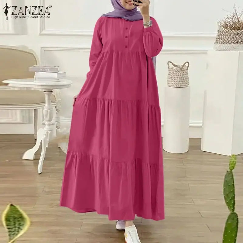 ZANZEA Fashion Women Long Sleeve Solid Ruffles Sundress Islamic Clothing Autumn Muslim Abaya Long Dress Robe Femme Eid Mubarek