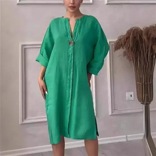 Women's Casual Button-Up Linen irt Long Ne round Color Blo  Pet Clothing Accories