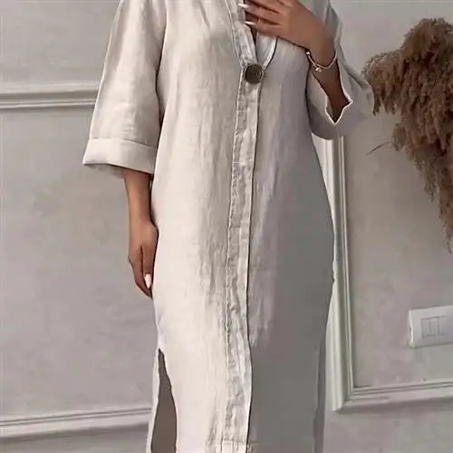Women's Casual Button-Up Linen irt Long Ne round Color Blo  Pet Clothing Accories