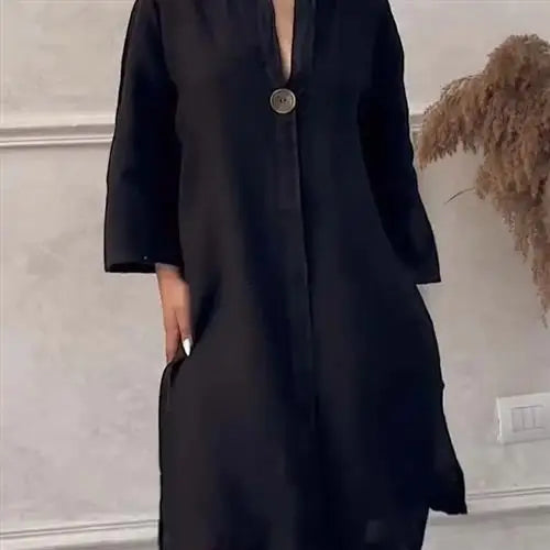 Women's Casual Button-Up Linen irt Long Ne round Color Blo  Pet Clothing Accories