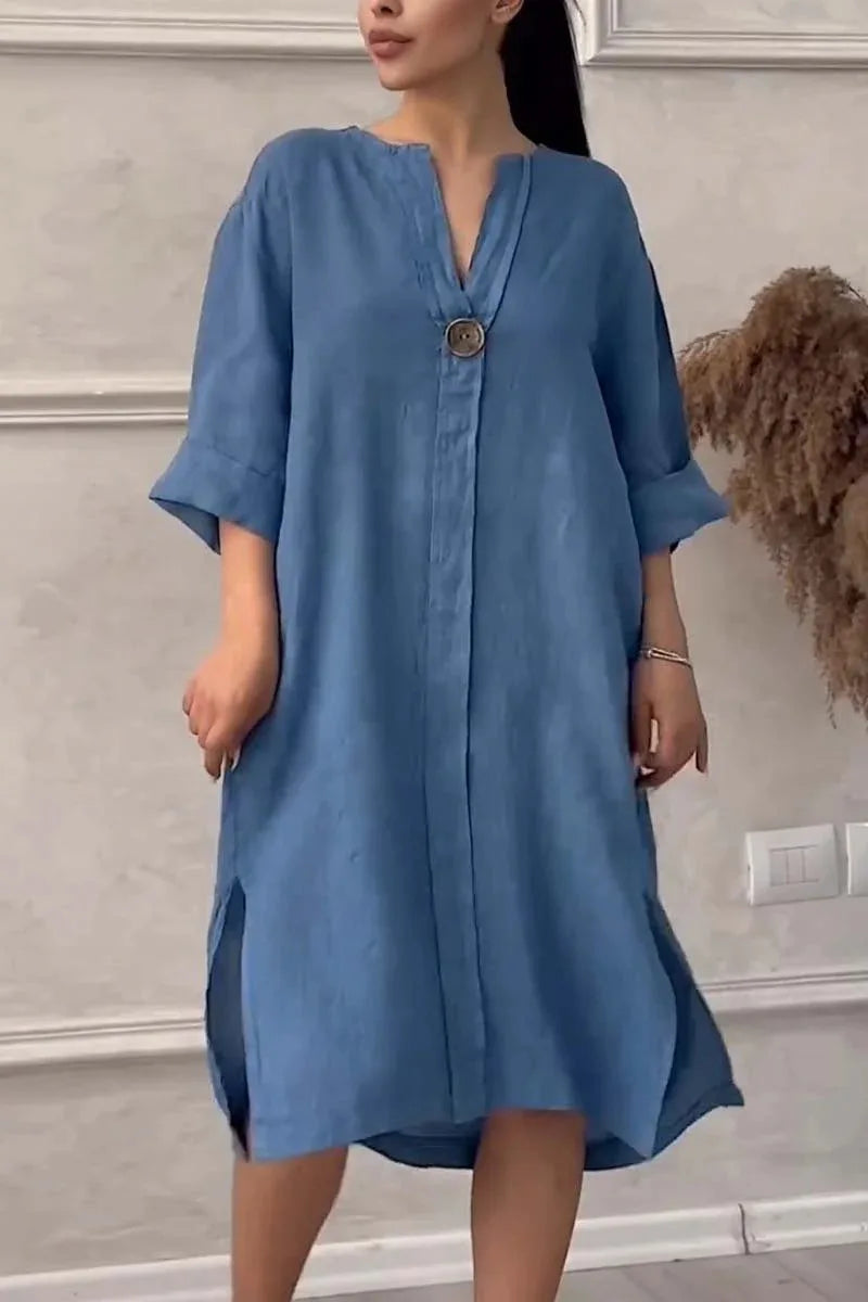 Elegant O-neck Long-sleeved Button Dress For Women's Summer Cotton And Linen Solid Color Loose Casual Simple Shirts Dress Female