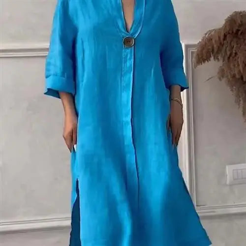Women's Casual Button-Up Linen irt Long Ne round Color Blo  Pet Clothing Accories