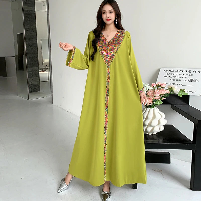 New Muslim Abayas For Women Long Sleeved Dress Dubai Lady Elegant Long Dress Islam Clothing African Abaya Loose Robe With Turban