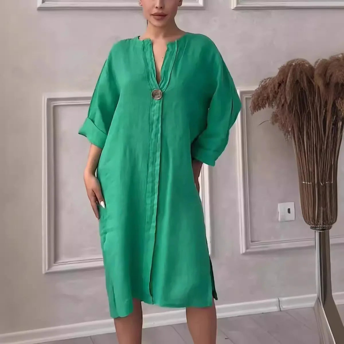 Women's New Cotton and Linen Solid Color Casual Round Neck Button Long Dress