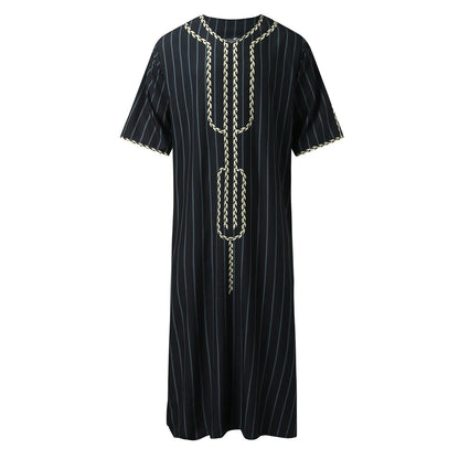 Muslim Men'S Clothing Hand-Embroidered Loose Breathable Summer Fashion Loose Robe Dubai Luxury V-Neck Short Sleeve Printing