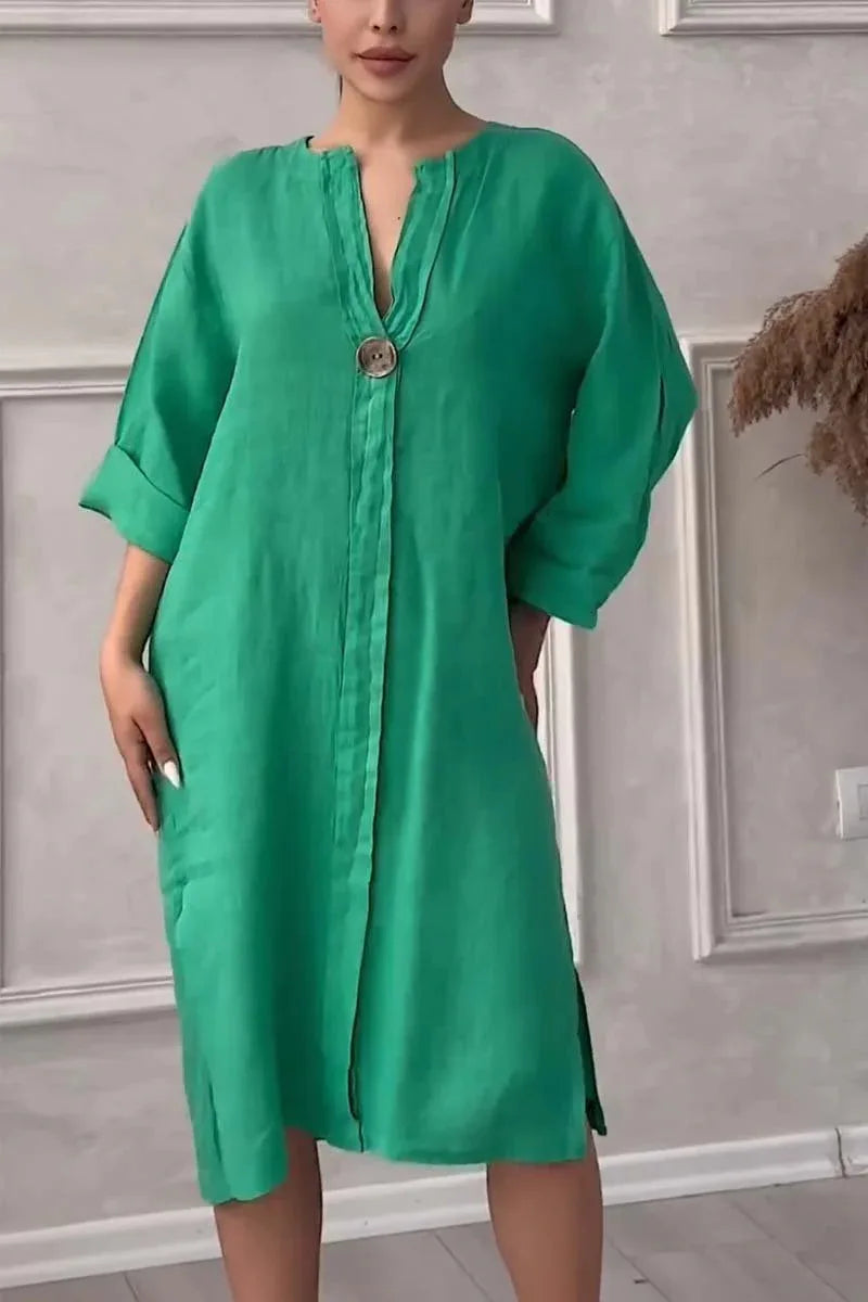 Elegant O-neck Long-sleeved Button Dress For Women Summer Cotton And Linen Solid Color Loose Casual Slit Simple Dress Female