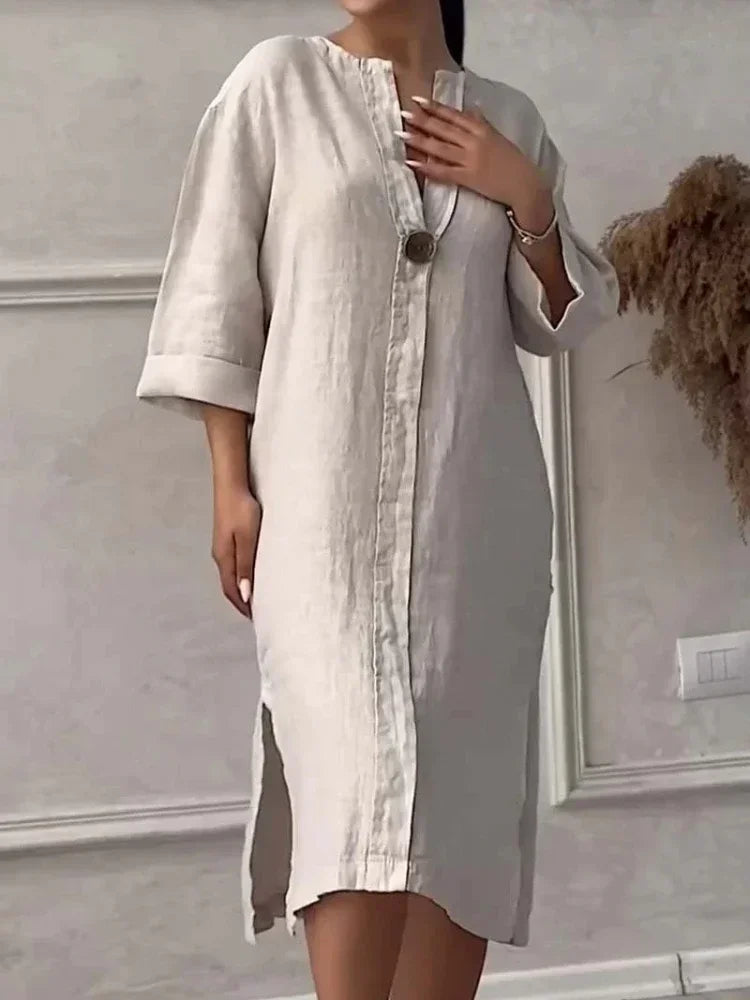 2024 Summer Fashion New Elegant Women's Cotton and Hemp Casual Long Sleeved V-neck Mid Length Commuter Style Solid Color Dress